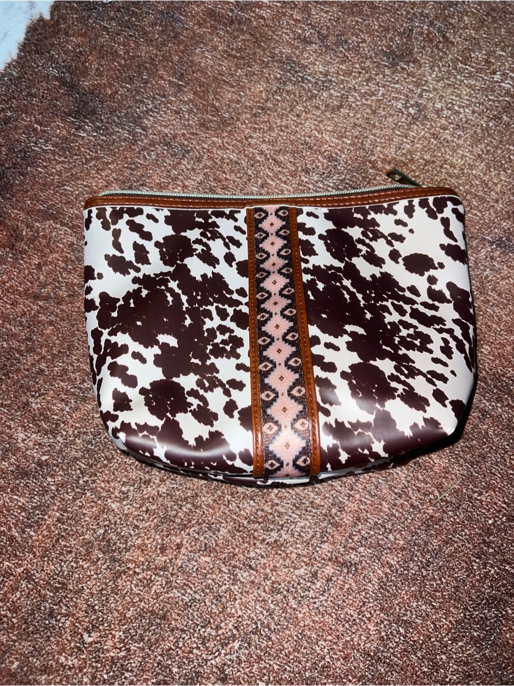 Brown and White Cowhide-Print Cosmetic Pouch